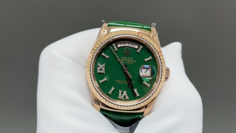 Best Edition with Automatic Movement Rolex Weekly Calendar 36mm Leather Belt Green Watch